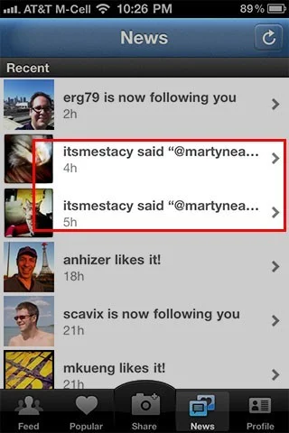 Comment notification in Instagram's news feed Instagram
