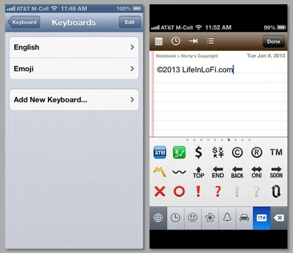 Emoji, add copyright to iPhone iPad